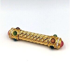 Vintage Givenchy Gripoix Cabochons Rhinestones Gold Tone Twisted Bar Brooch Pin
